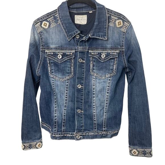 GRACE Aztec/Southwestern Cropped Embroidered Denim Jacket, Festival, Boho, S - Picture 1 of 8